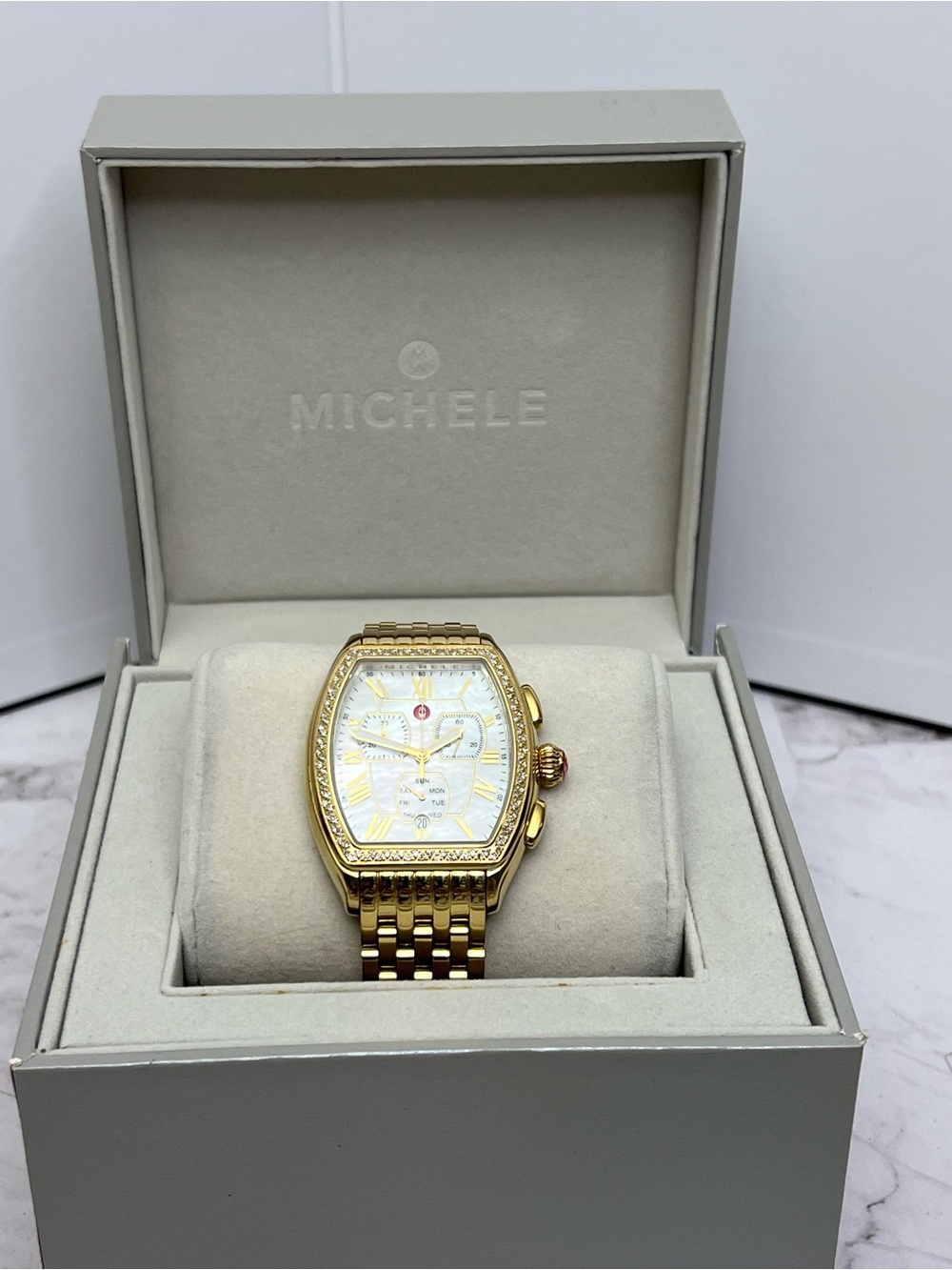 Michele Gold-Tone Mother-of-Pearl Dial Watch with Diamond Bezel chronograph